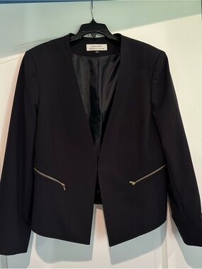 Tahari ASL Navy Blue Open-Front Blazer with Gold Zip Accents Sz 16